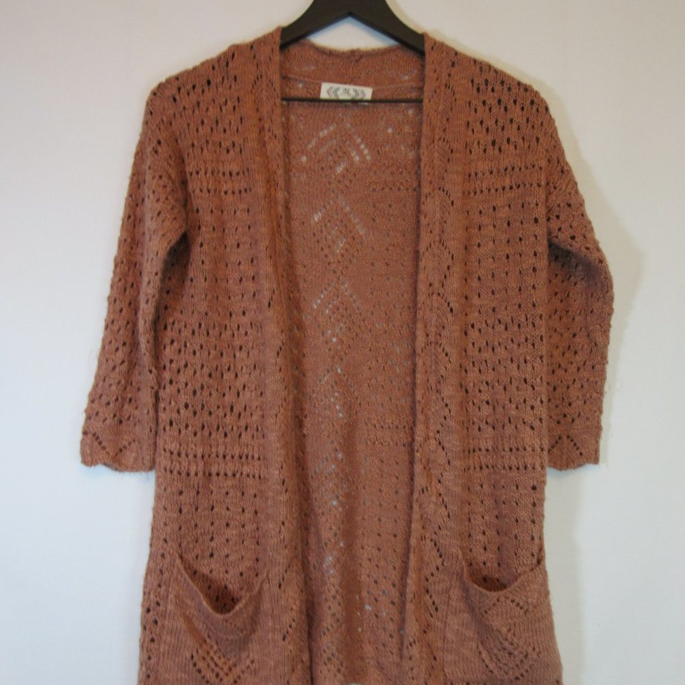 Pink Rose Crochet Open Front Cardigan Sweater - Picture 2 of 8